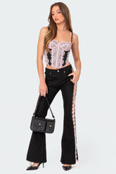 Satin Effect Lace Up Flared Jeans