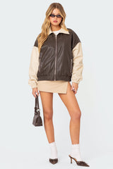 Two Tone Faux Leather Bomber Jacket