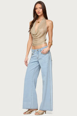 Shiny Knit Cowl Neck Backless Top