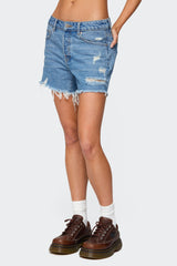 Cale Distressed Low Rise Denim Shorts