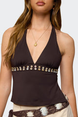 Pearlsy Button Backless Halter Top