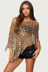 Fringe Sequin Crochet Poncho