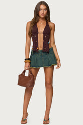 Frayed Pleated Denim Mini Skort