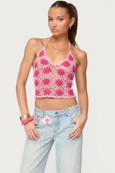 Contrast Floral Crochet Halter Top