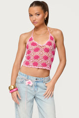 Contrast Floral Crochet Halter Top
