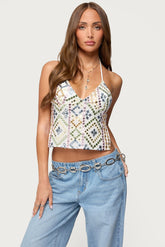 Embroidered Sequin Backless Top