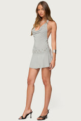 Grommet Cowl Neck Halter Mini Dress