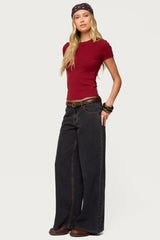 Contrast Stitch Low Rise Wide Leg Jeans