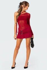One Shoulder Sheer Mesh Mini Dress