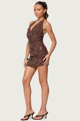 Beaded Cowl Neck Halter Mini Dress
