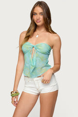 Printed Mesh Strapless Cut Out Top