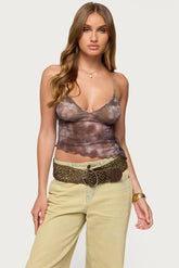 Embroidered Asymmetric Printed Mesh Top