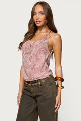 Printed Halter Chain Cowl Neck Top