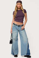 Zippered Washed Wide Leg Jeans