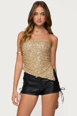 Sequin Asymmetric Slit Strapless Top