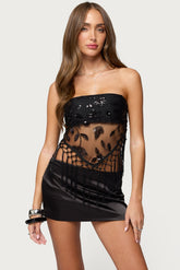 Sequin Sheer Fringed Strapless Top