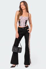 Satin Effect Lace Up Flared Jeans
