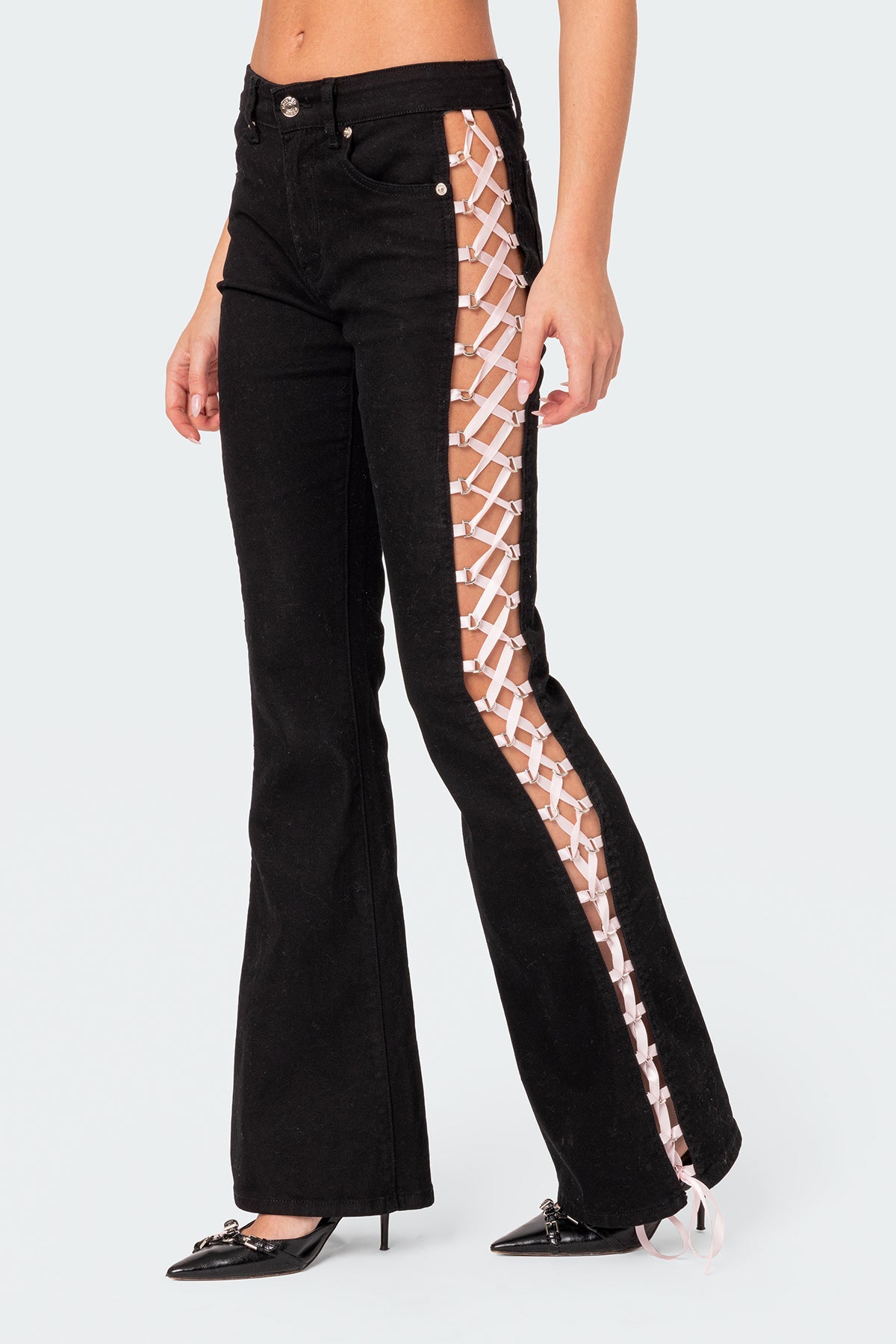 Satin Effect Lace Up Flared Jeans