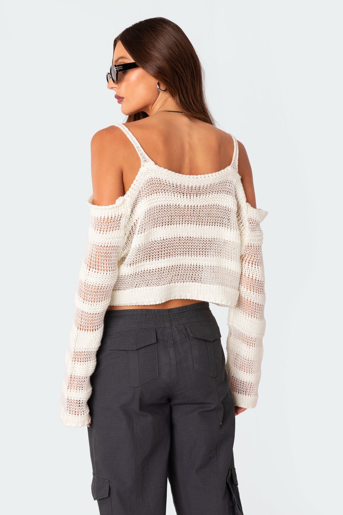 Textured Knit Open Shoulder Sweater