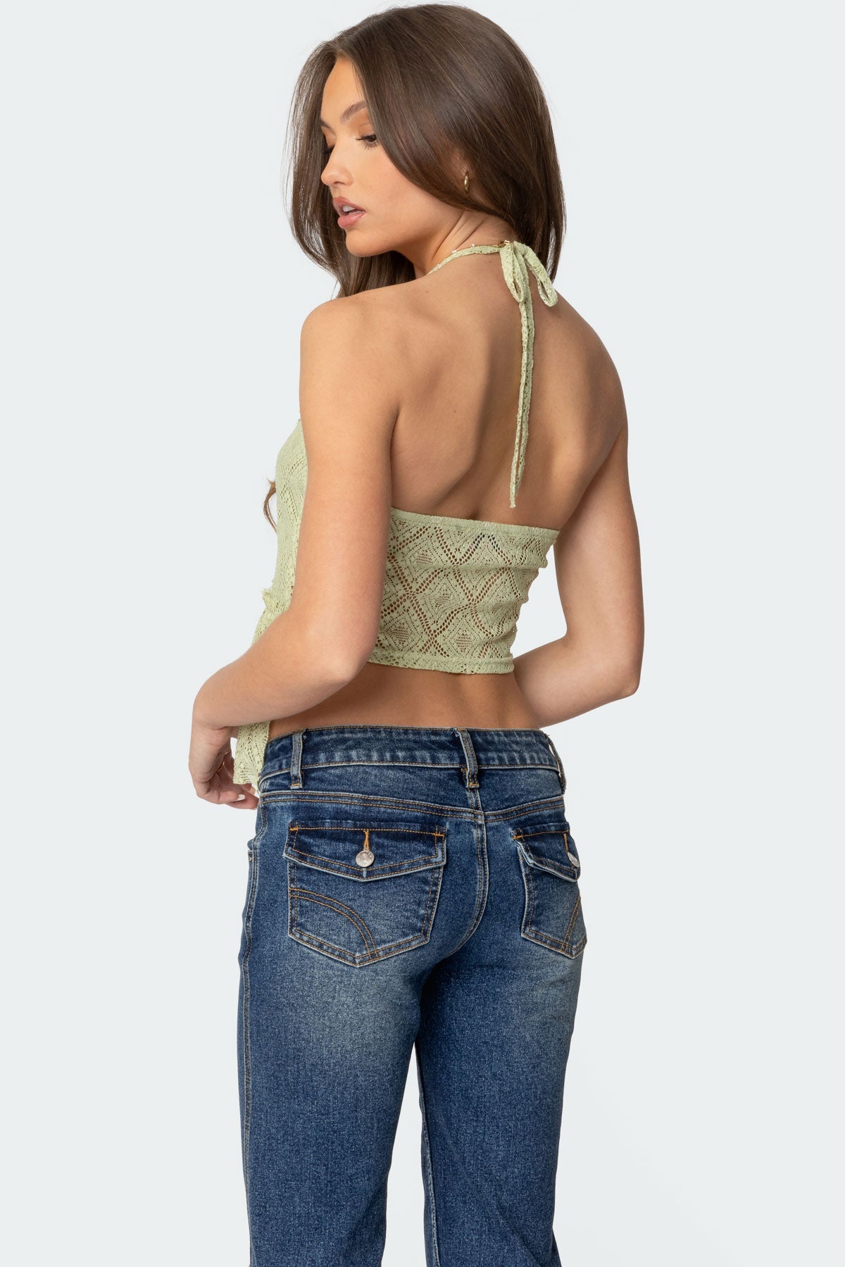 Asymmetric Sheer Lace Halter Top