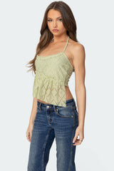 Asymmetric Sheer Lace Halter Top
