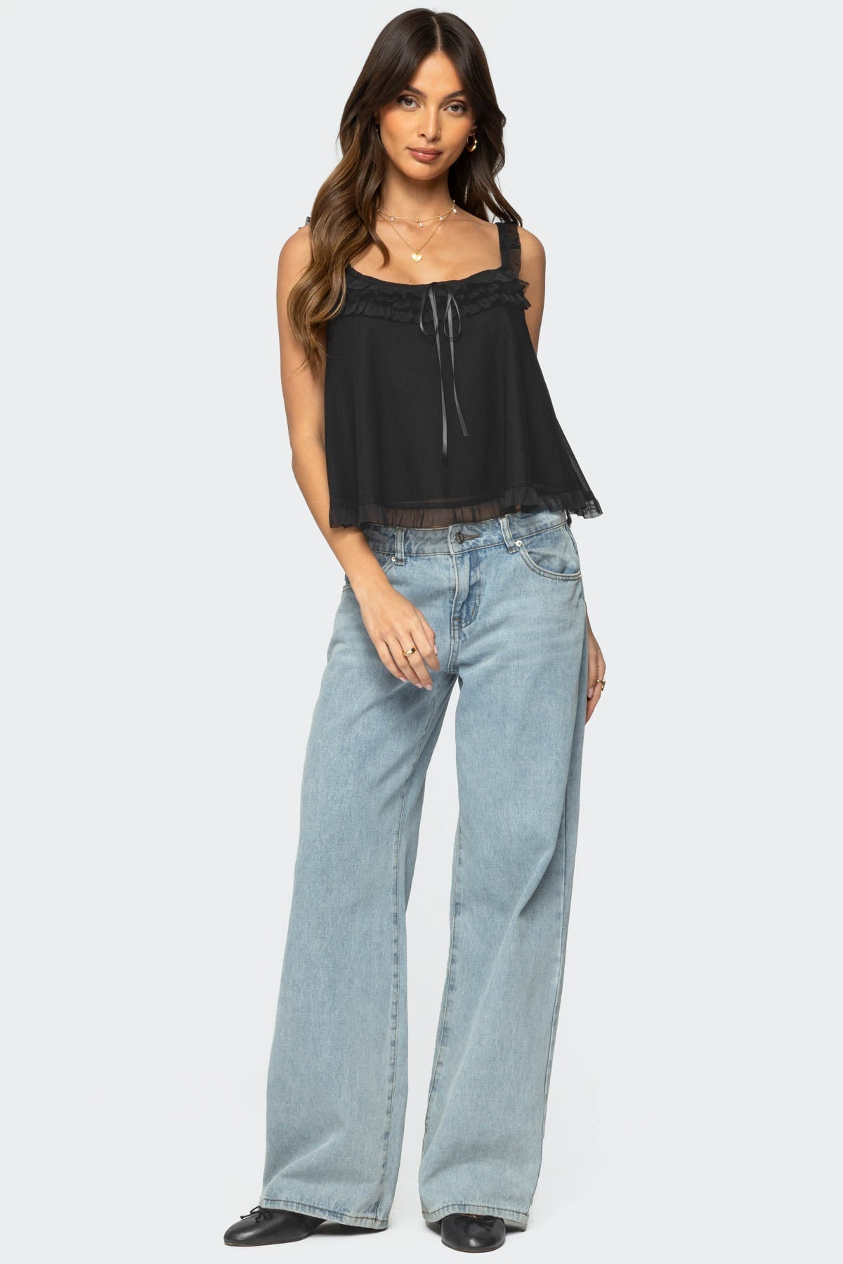 Ruffle Mesh Babydoll Tank Top