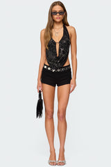 Beaded Chiffon Backless Cowl Neck Top