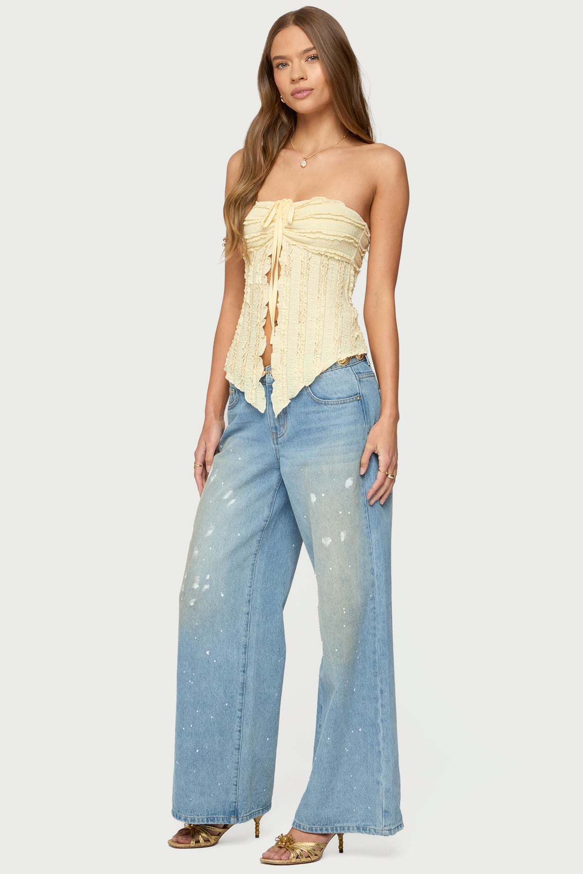 Textured Ruffle Split Front Strapless Top