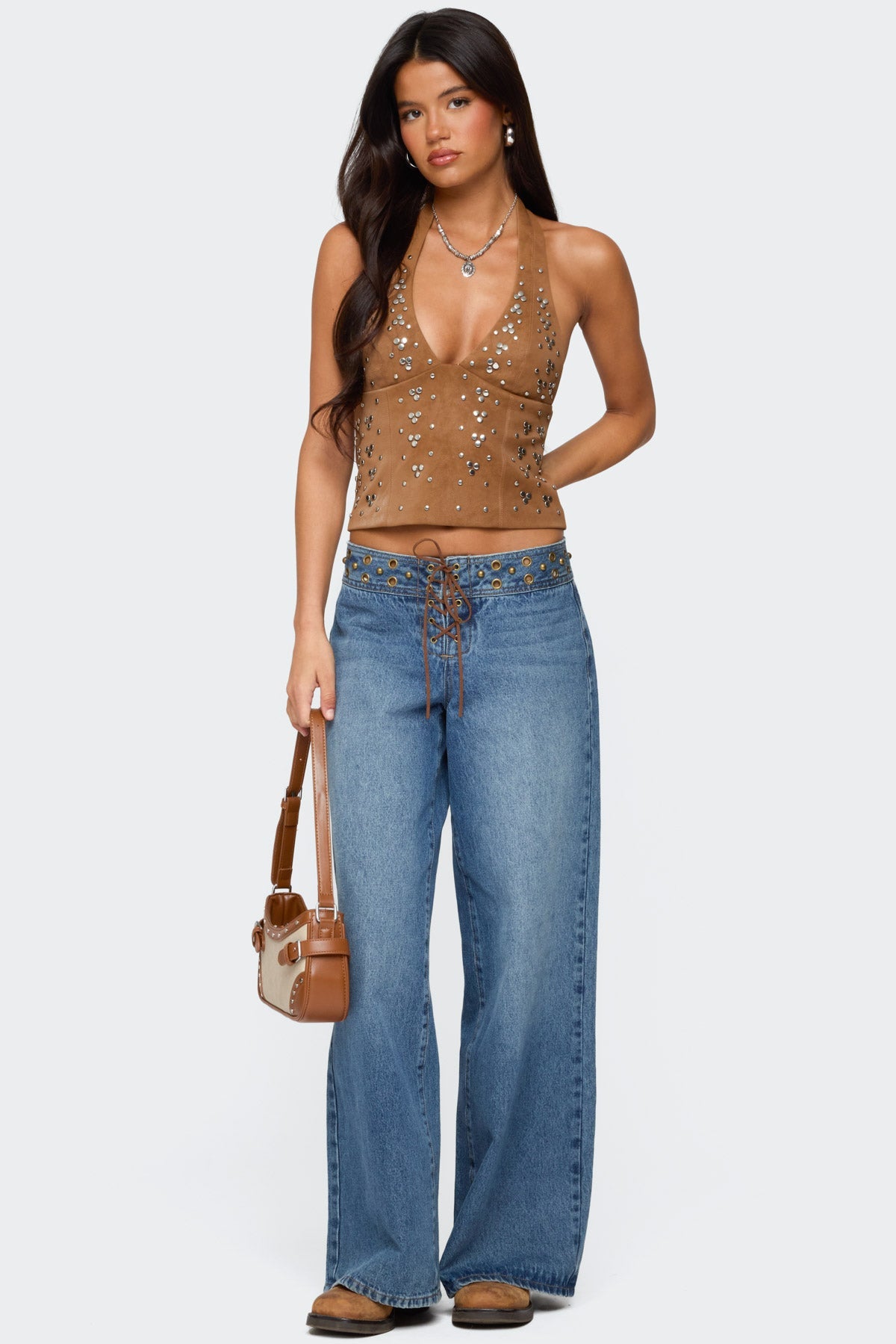 Xaria Studded Faux Suede Halter Top