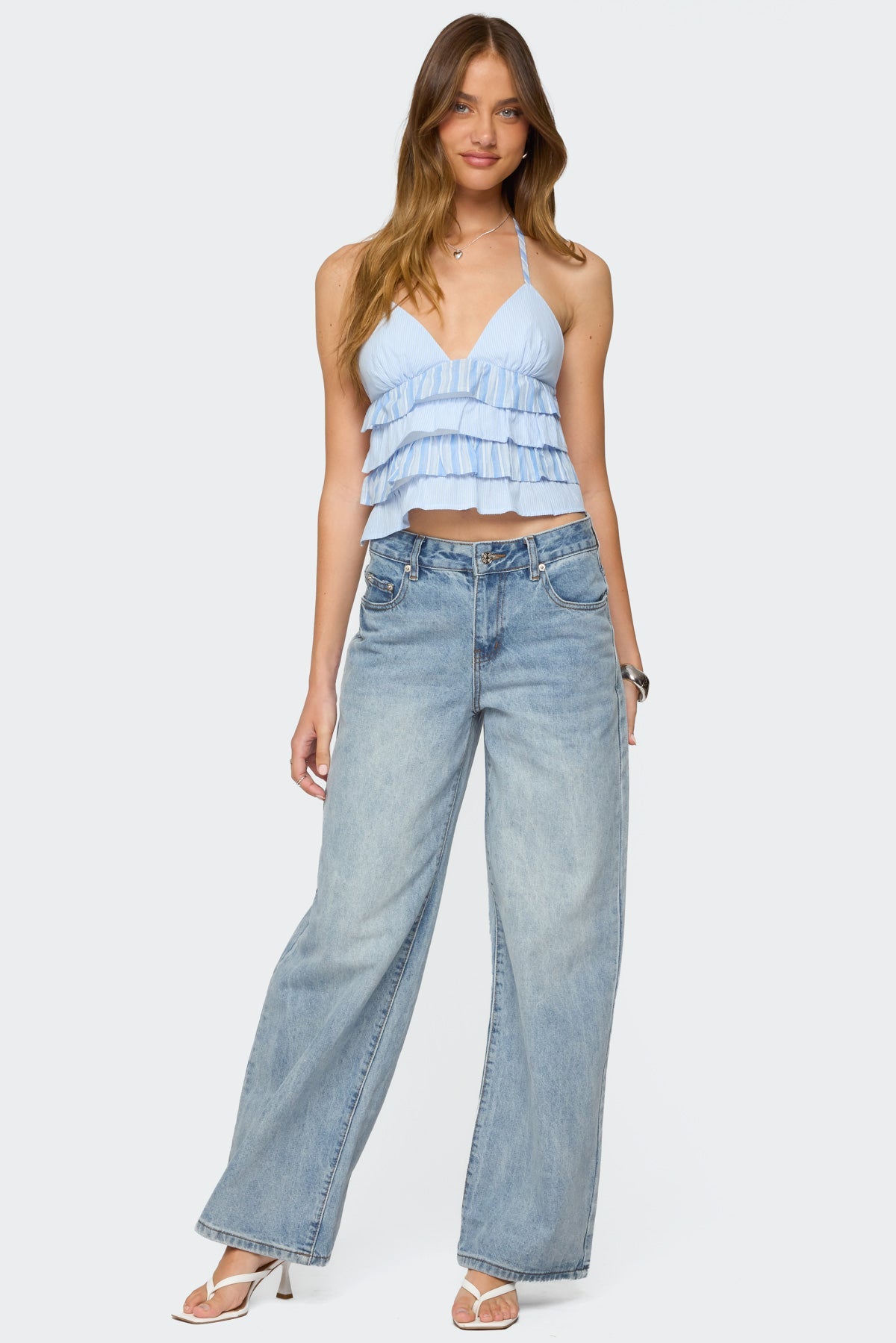 Tiered Ruffle Backless Striped Halter Top