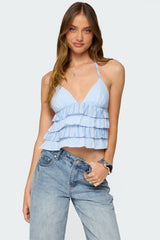 Tiered Ruffle Backless Striped Halter Top