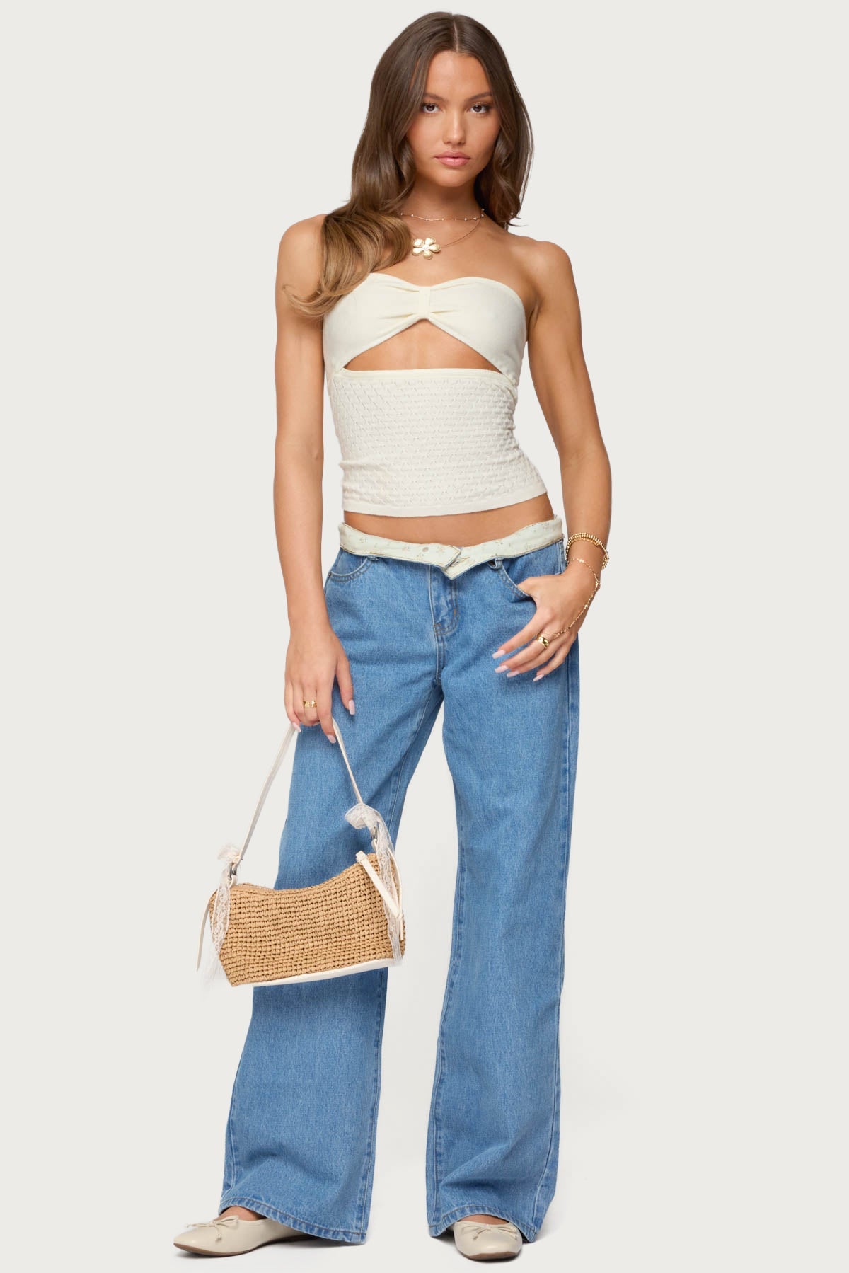 Floral Foldover Low Rise Jeans