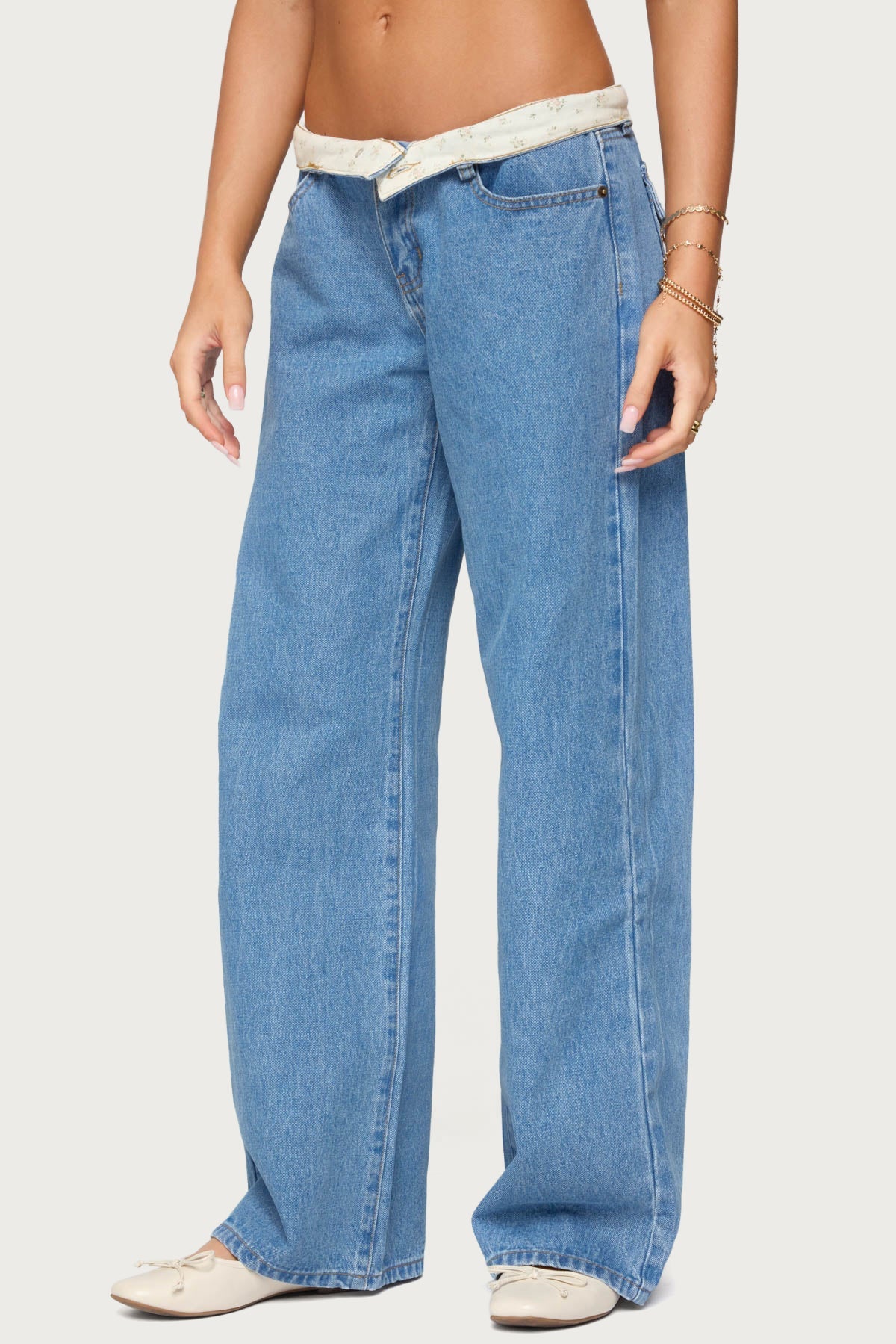 Floral Foldover Low Rise Jeans
