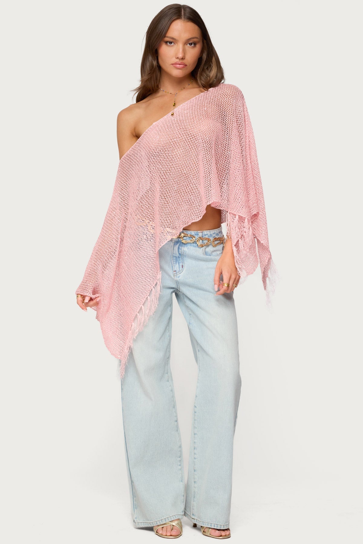 Sequin Fringe Knit Poncho