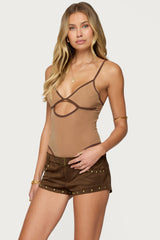 Contrast Sheer Mesh Cut Out Bodysuit