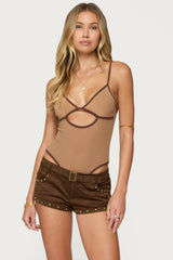 Contrast Sheer Mesh Cut Out Bodysuit