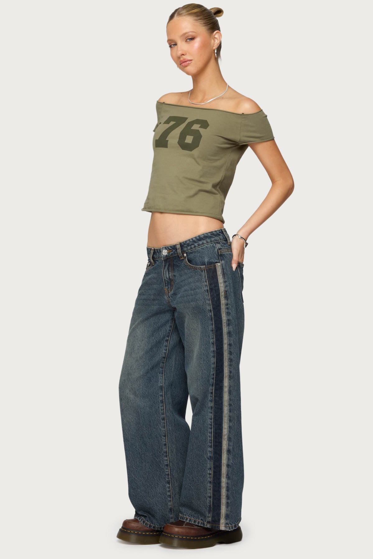 Petite Contrast Panel Low Rise Jeans