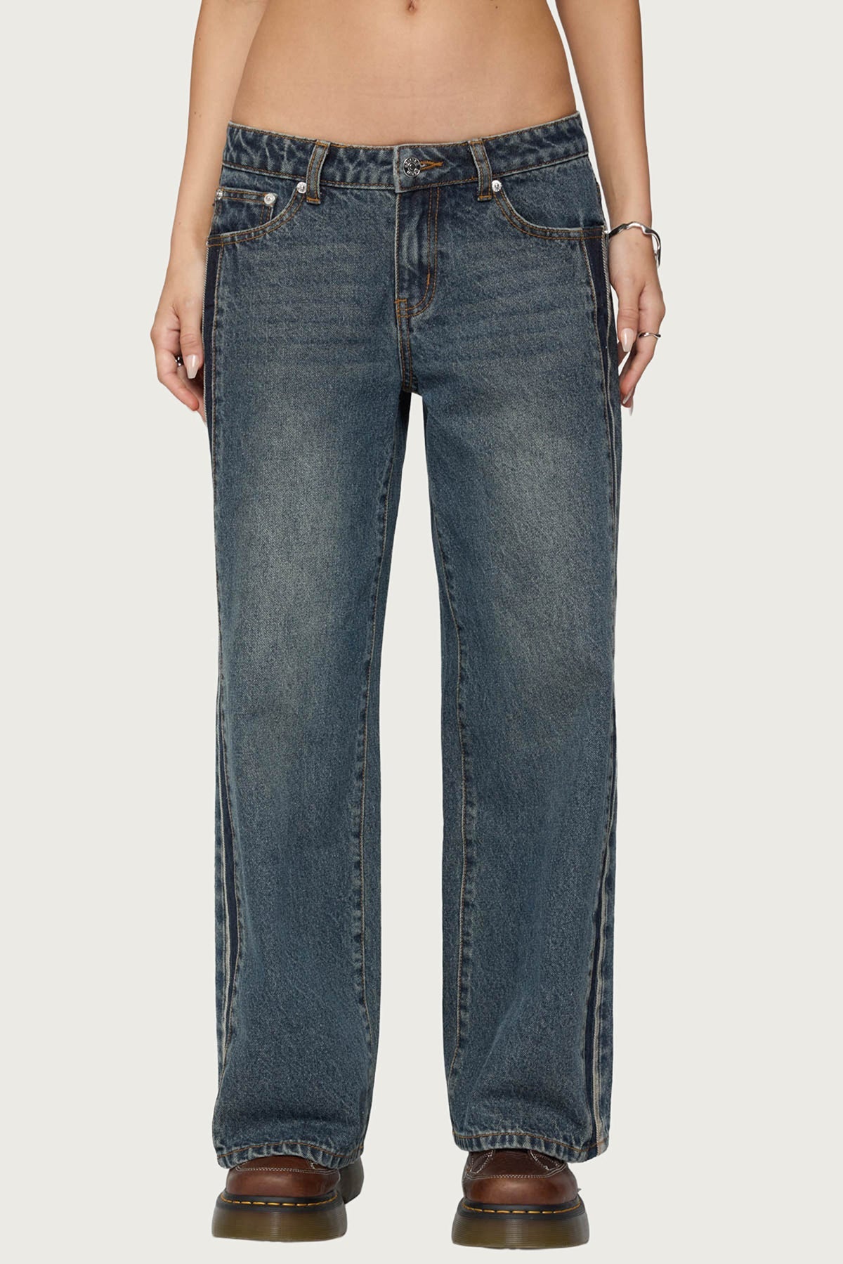 Petite Contrast Panel Low Rise Jeans