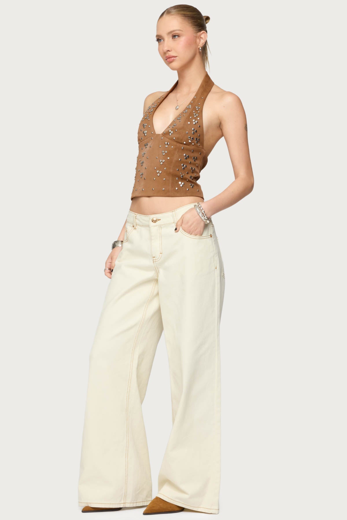 Contrast Stitch Low Rise Wide Leg Jeans
