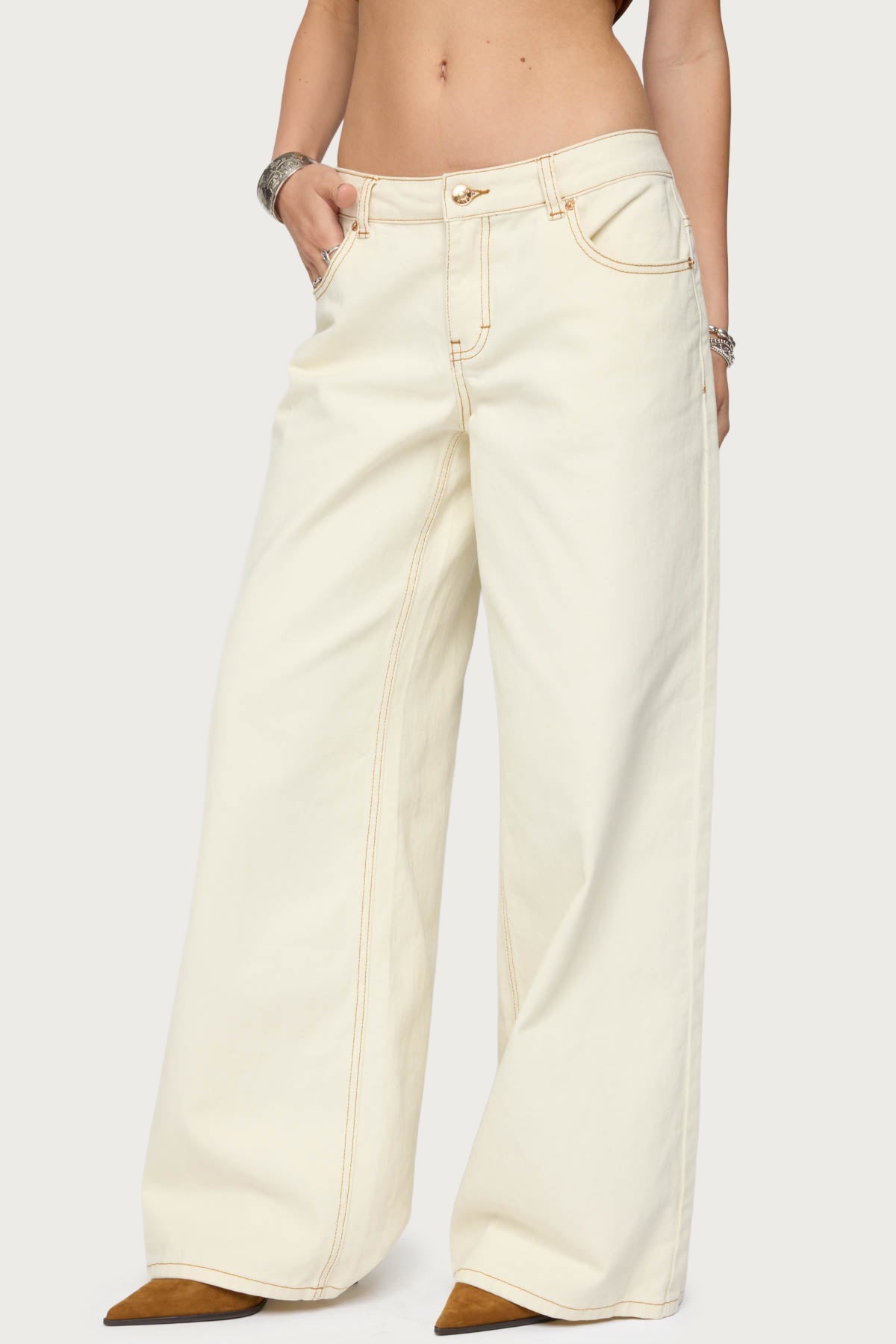 Contrast Stitch Low Rise Wide Leg Jeans