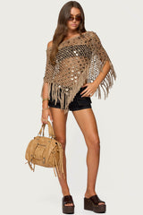 Fringe Sequin Crochet Poncho
