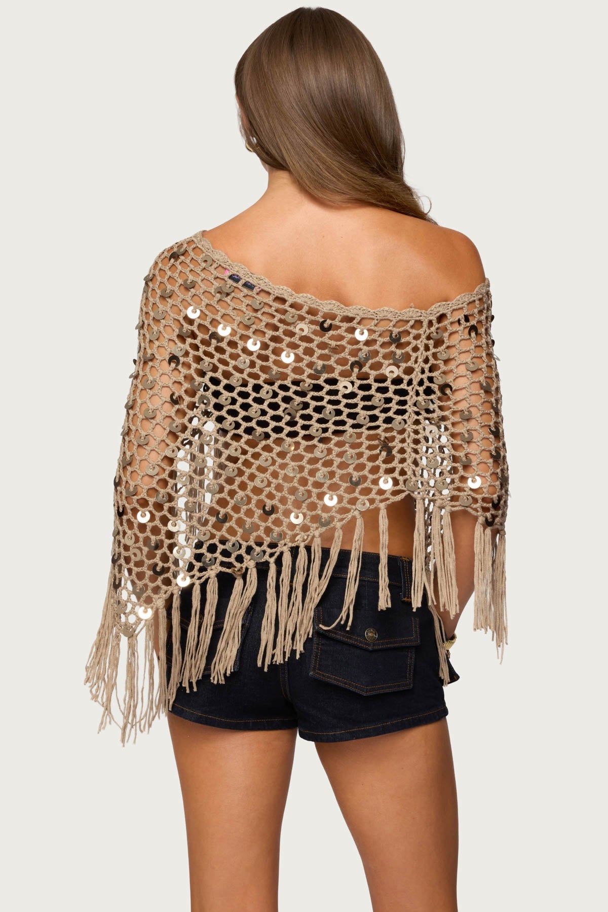 Fringe Sequin Crochet Poncho
