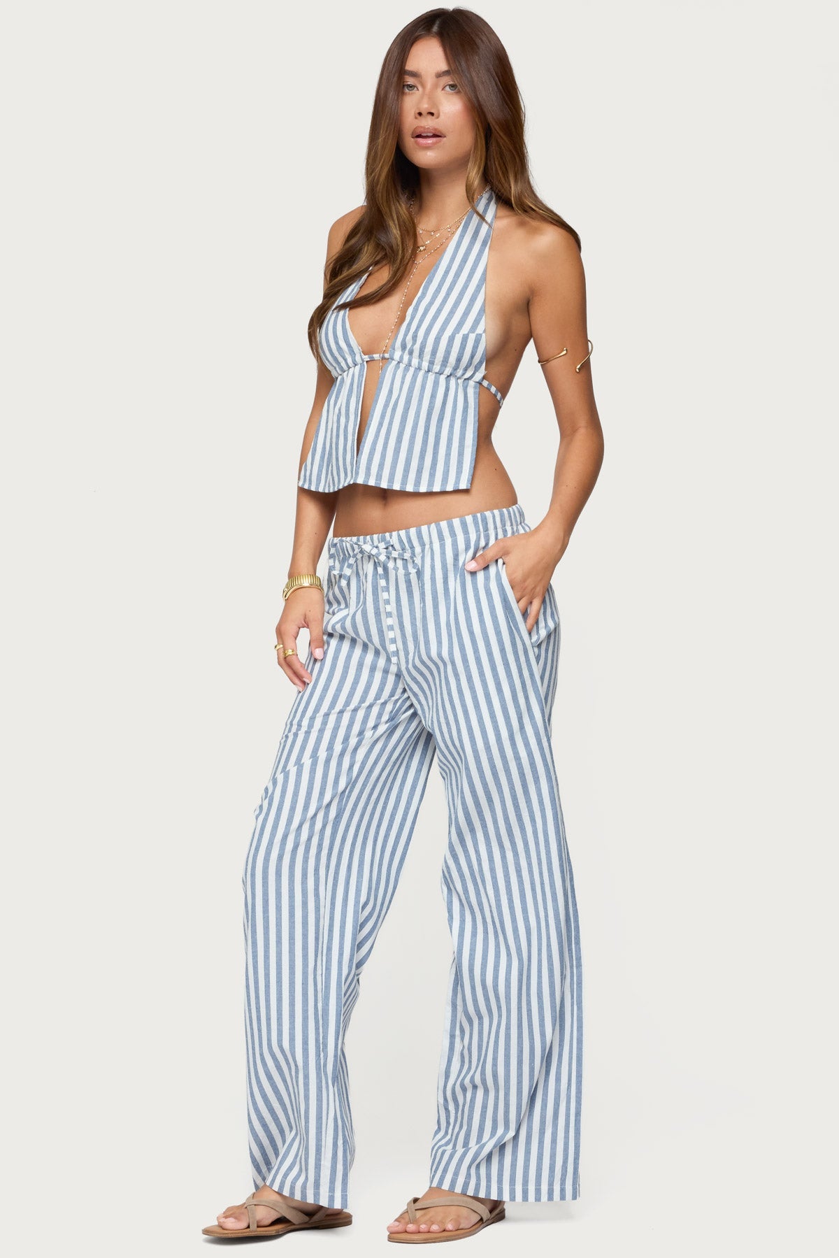 Macey Striped Split Front Backless Top
