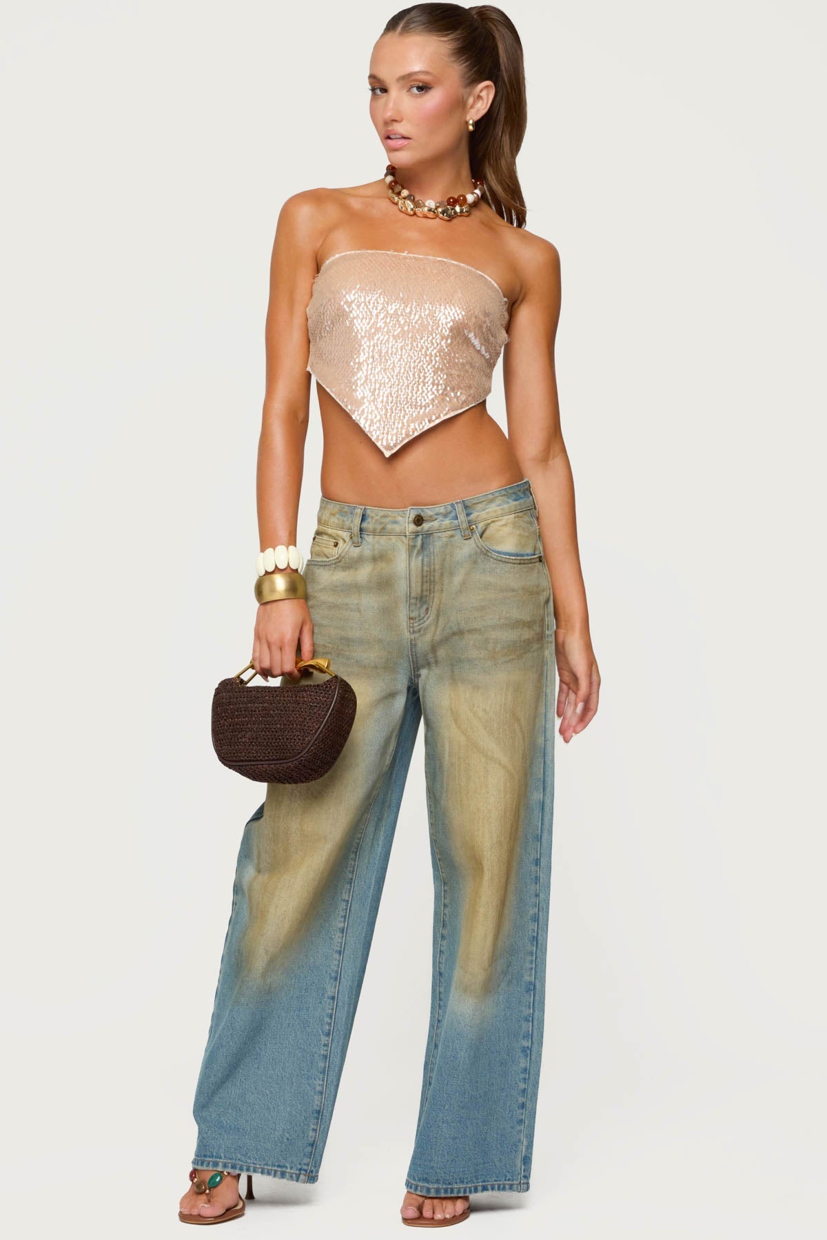 Sequin Backless Triangle Strapless Top