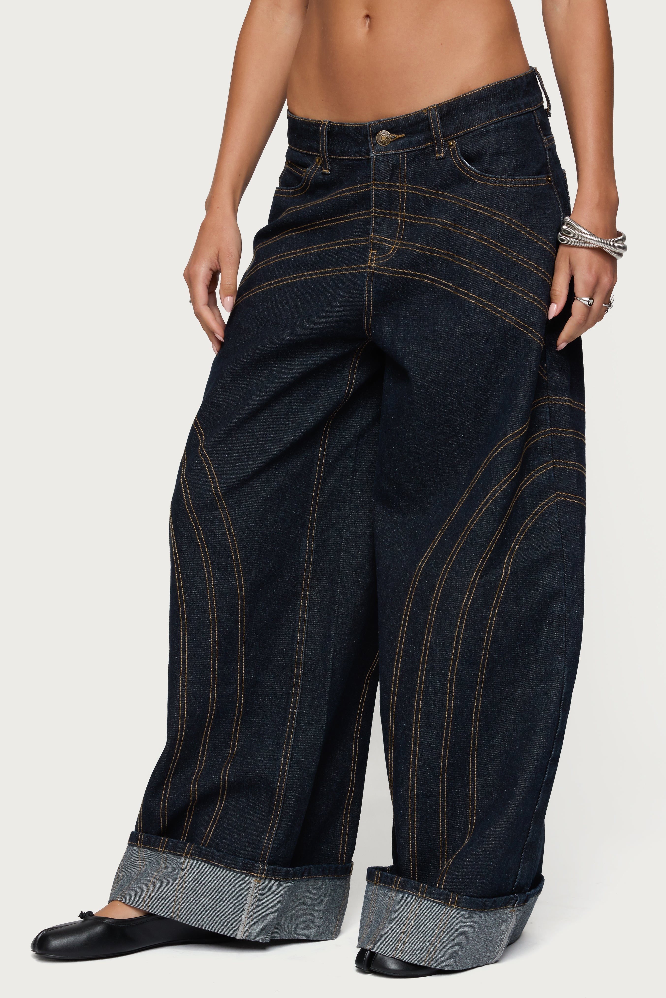 Cuffed Low Rise Wide Leg Jeans