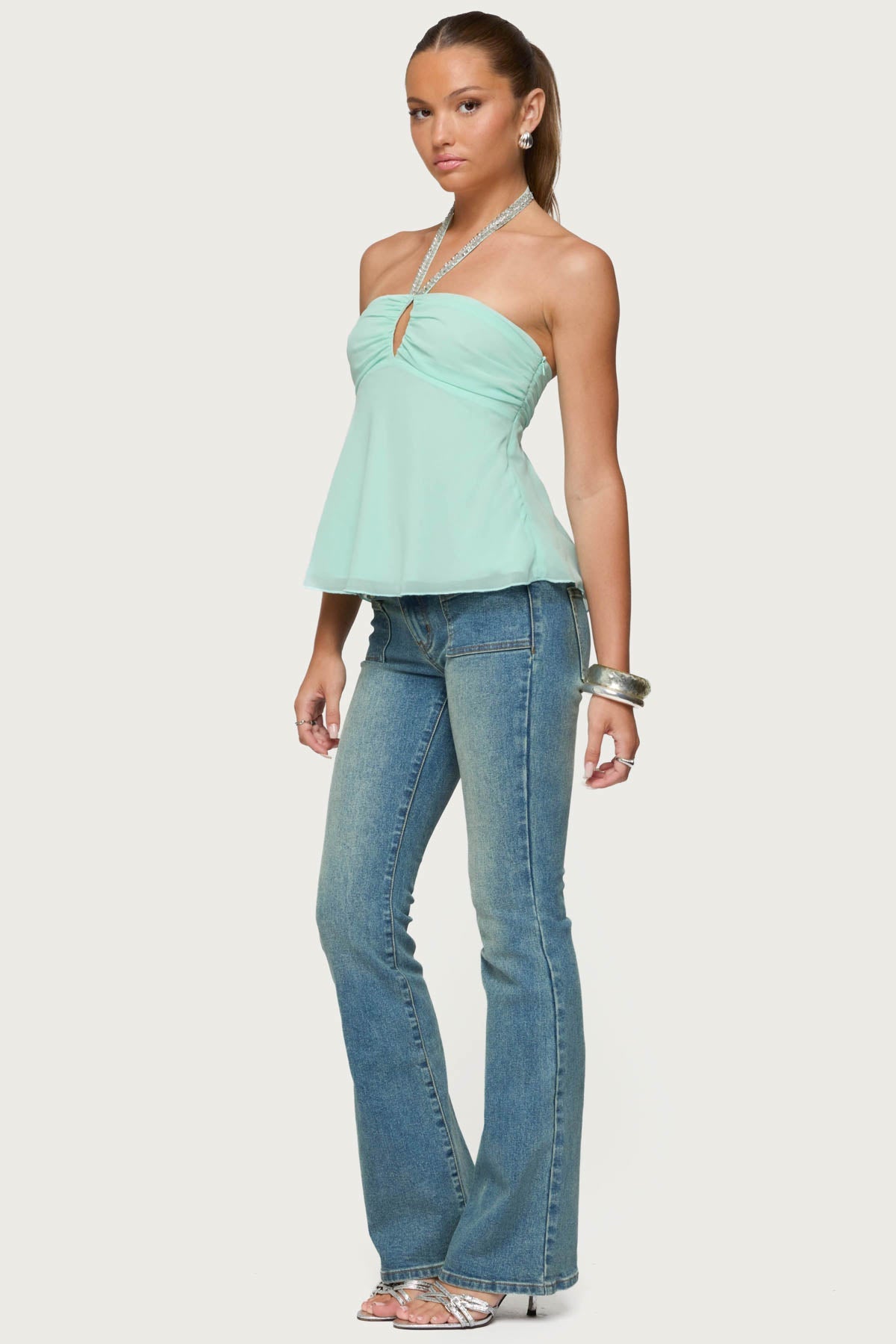 Sequin Chiffon Keyhole Halter Top