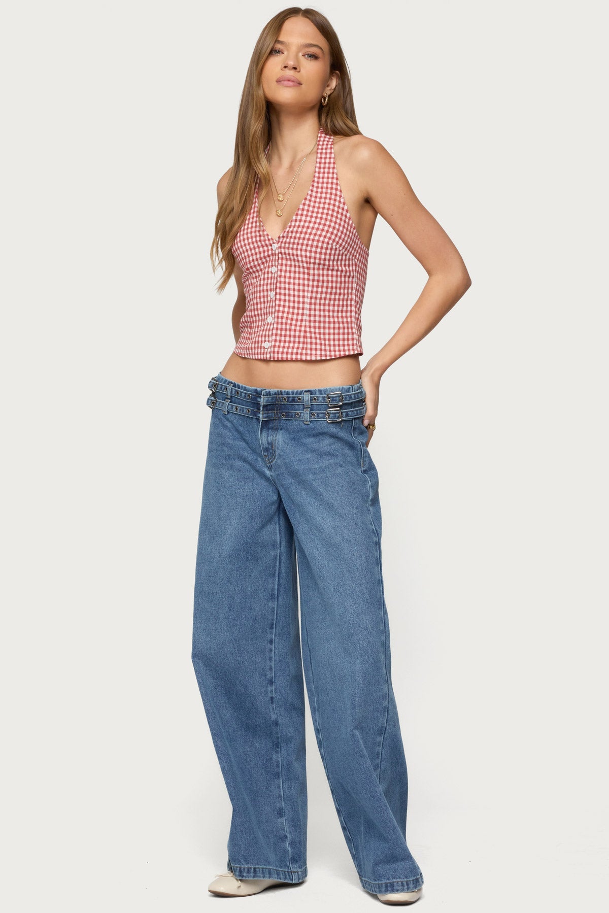 Evan Gingham Button Up Halter Top