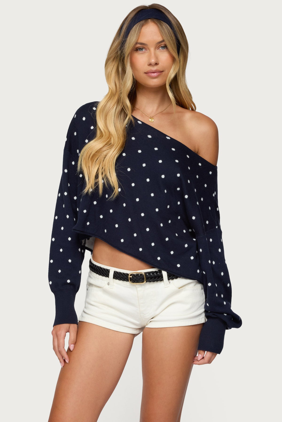 Oversized Off Shoulder Polka Dot Sweater