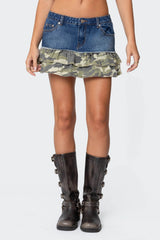 Camo Ruffle Denim Mini Skirt