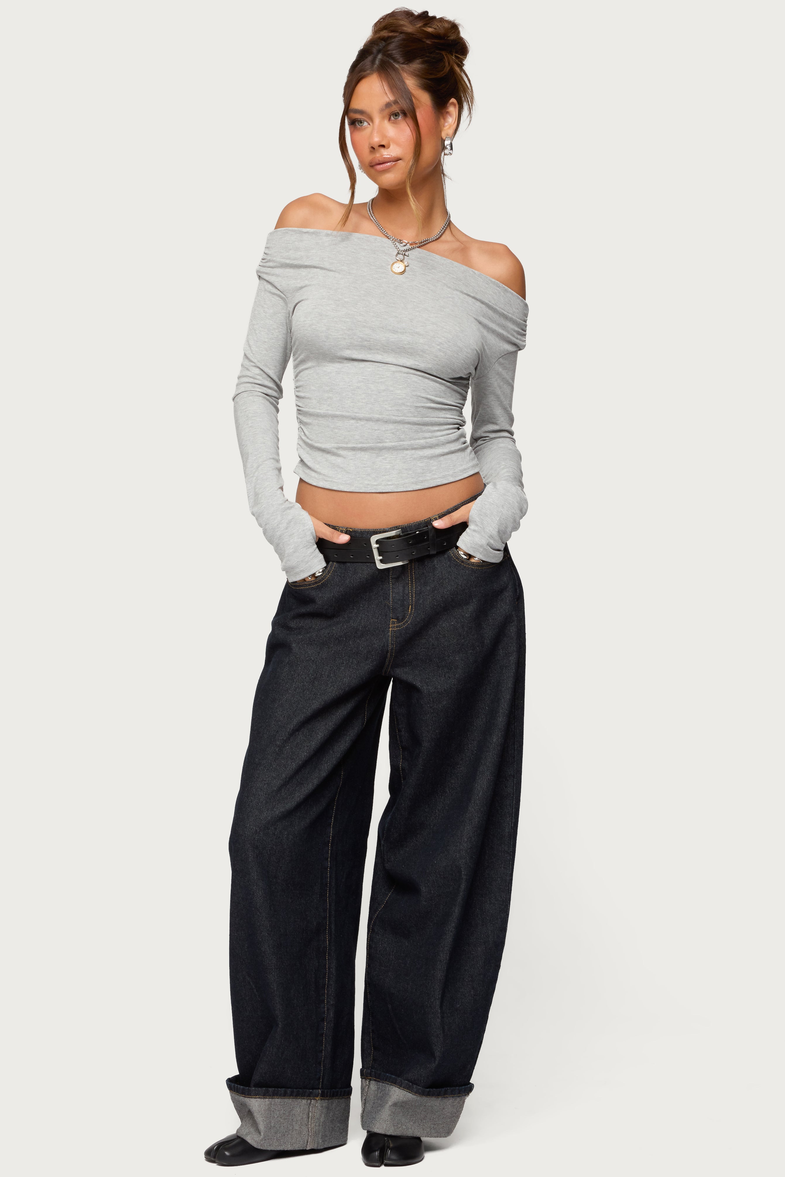 Milane Ruched Off Shoulder Ribbed Top